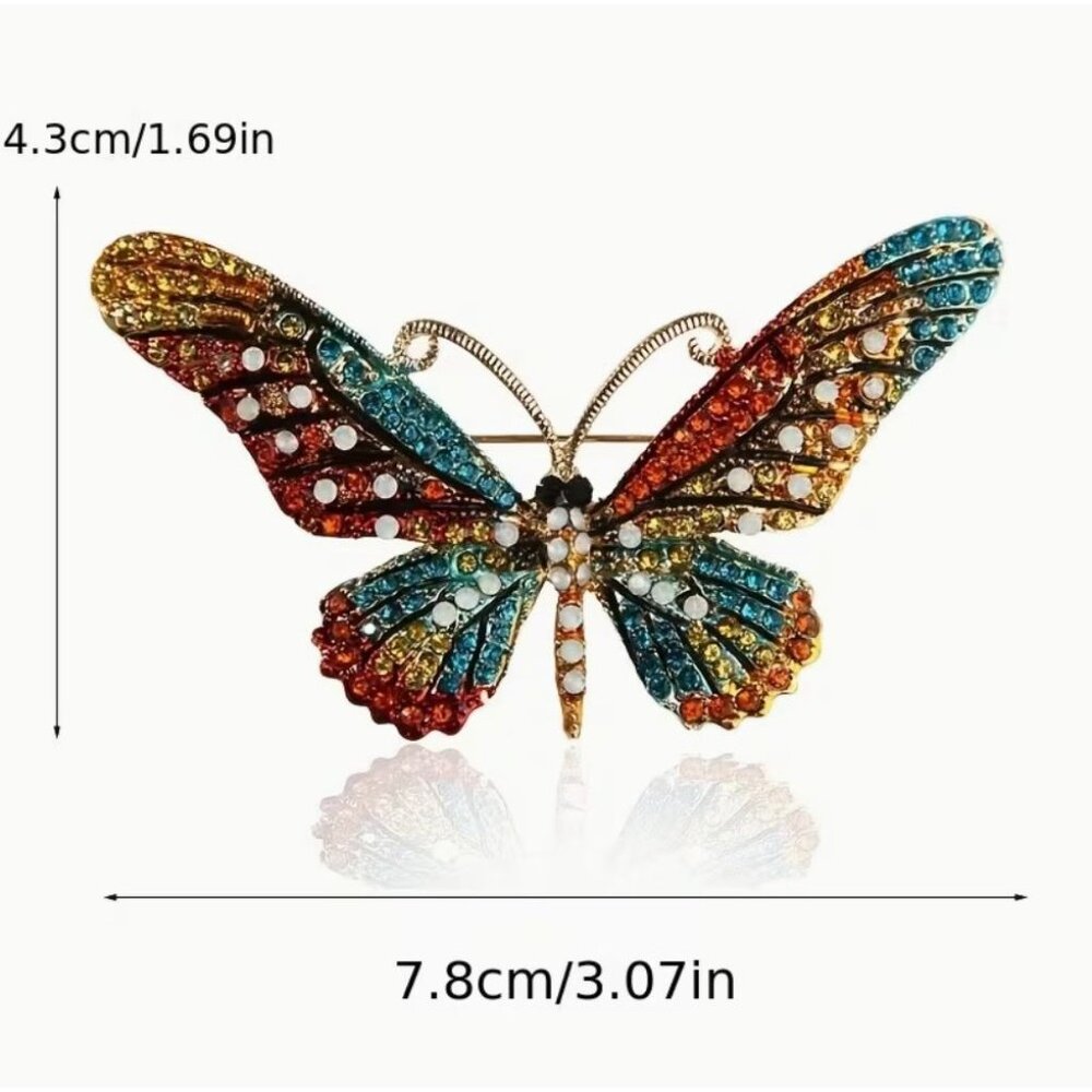 Blue Teal & Pink Crystal Butterfly Brooch Gold Tone 3" - Picture 2 of 2